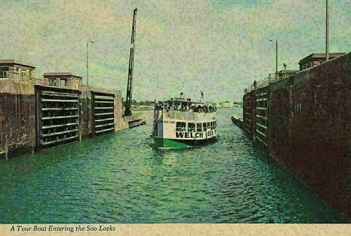 Soo Locks Boat Tours - Old Postcard (newer photo)